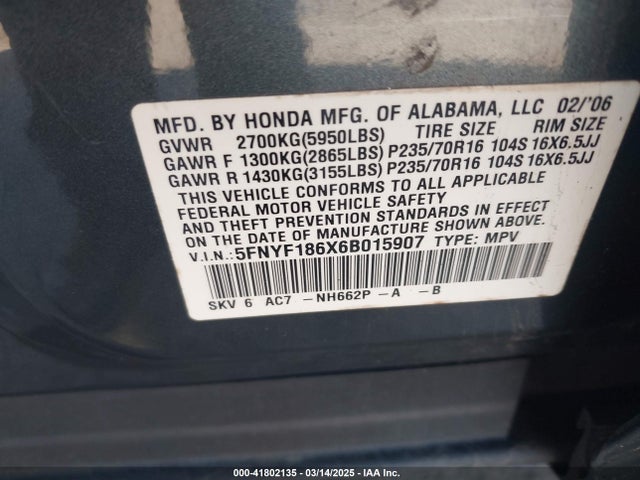 2006 HONDA PILOT 5FNYF186X6B015907 Photo 8