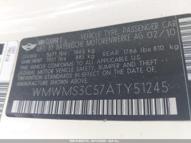 2010 MINI COOPER S WMWMS3C57ATY51245 Photo 8
