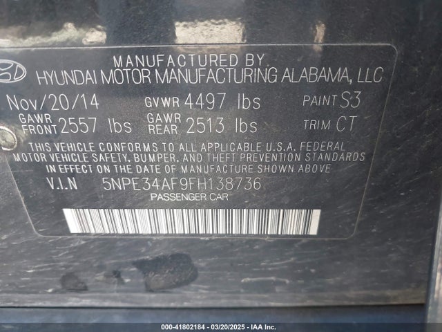 5NPE34AF9FH138736 Hyundai Sonata Sport