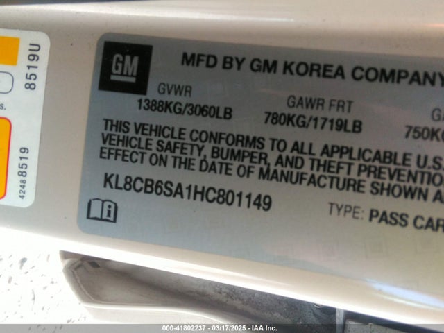 KL8CB6SA1HC801149 Chevrolet Spark Ls Cvt