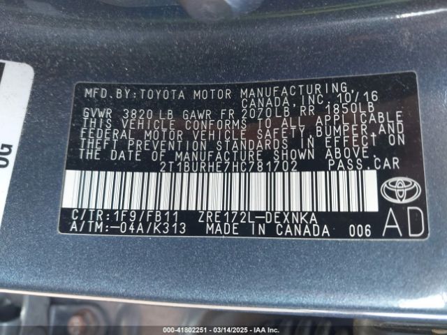 2T1BURHE7HC781702 Toyota COROLLA LE