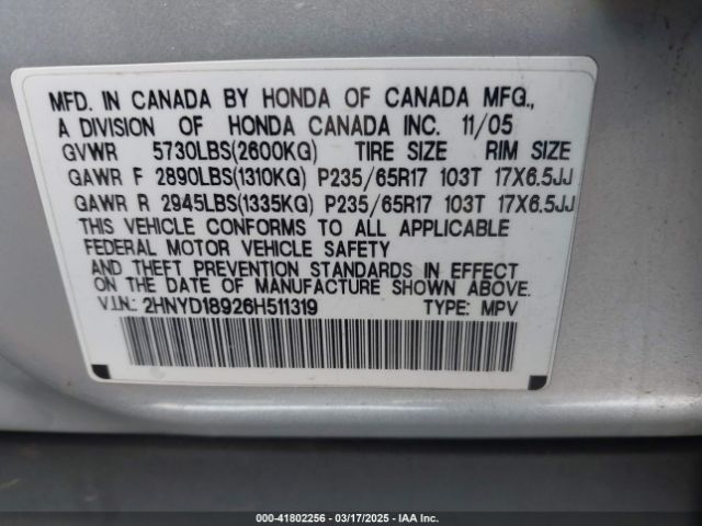 2006 ACURA MDX 2HNYD18926H511319 Photo 8