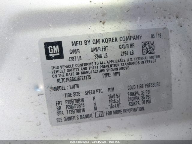 KL7CJNSBXJB721175 Chevrolet TRAX LS