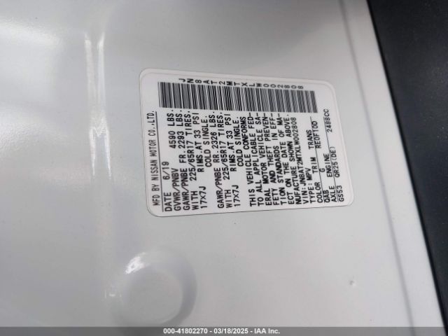 JN8AT2MTXLW002808 Nissan Rogue Sv Fwd