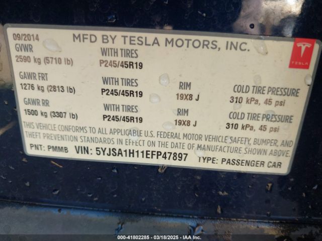 5YJSA1H11EFP47897 Tesla Model S P85