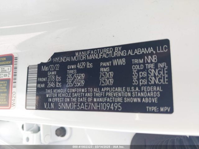5NMJF3AE7NH109495 Hyundai TUCSON SEL
