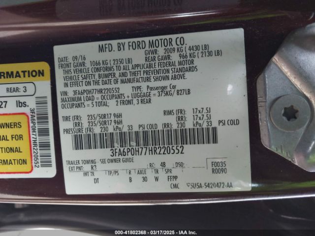3FA6P0H77HR220552 Ford FUSION SE