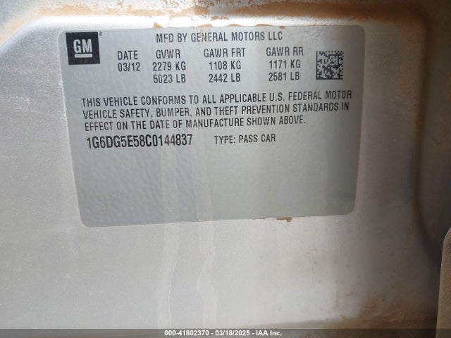 2012 CADILLAC CTS 1G6DG5E58C0144837 Photo 8