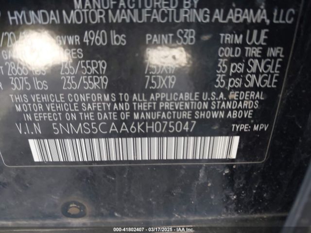 5NMS5CAA6KH075047 Hyundai Santa Fe Ultimate 2.0t