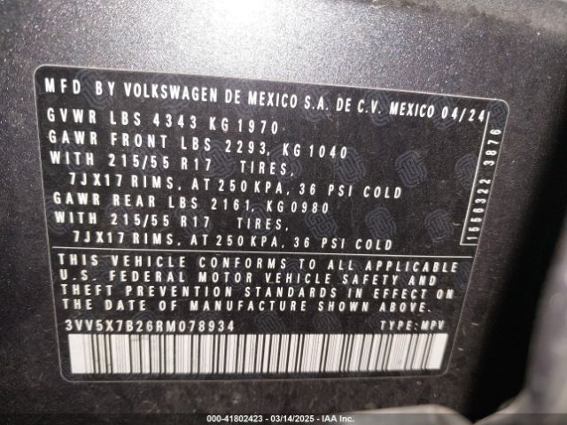 3VV5X7B26RM078934 Volkswagen Taos 1.5t S