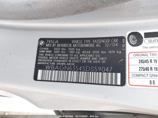 41802442 :رقم المزاد ، WBAGN63545DS59047 vin ، 2005 Bmw 745li مزاد بيع