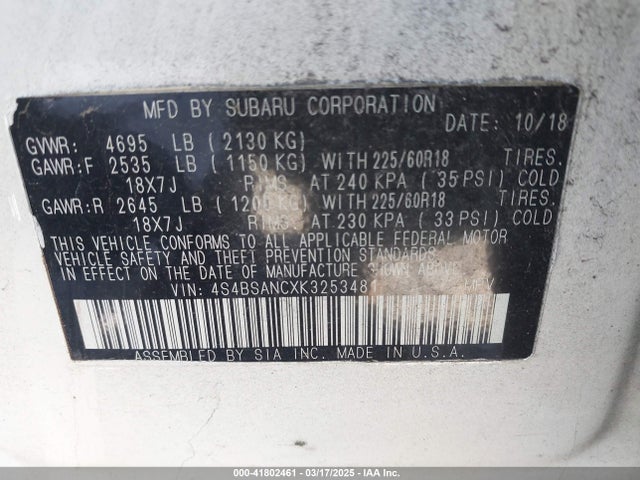 4S4BSANCXK3253481 Subaru Outback 2.5i Limited
