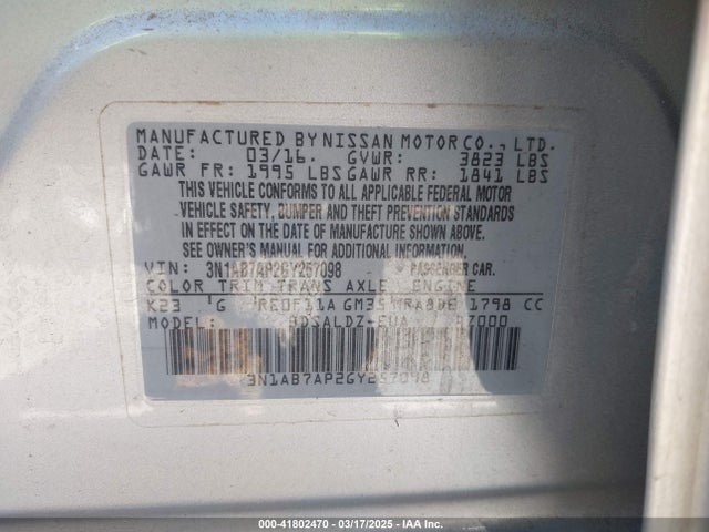 3N1AB7AP2GY257098 Nissan SENTRA SV