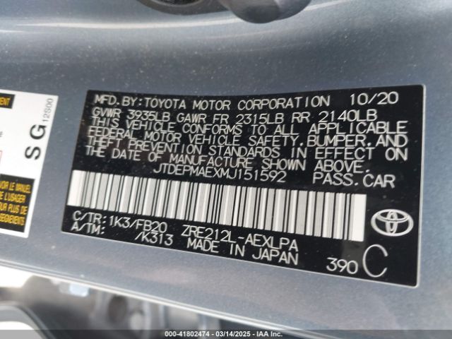 JTDEPMAEXMJ151592 Toyota COROLLA LE