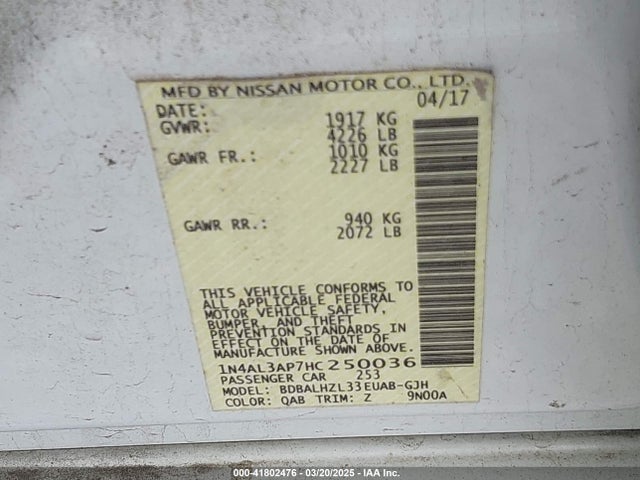 1N4AL3AP7HC250036 Nissan Altima 2.5 Sr