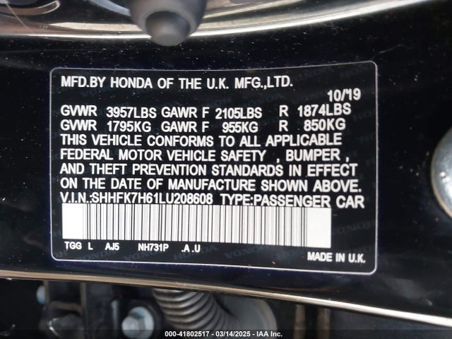 SHHFK7H61LU208608 Honda CIVIC EX