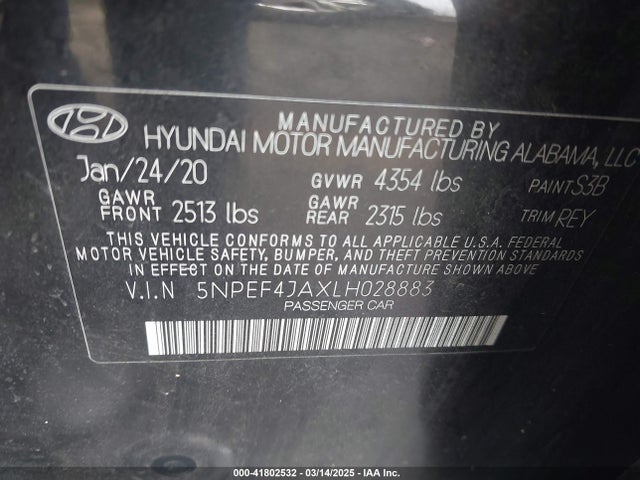 5NPEF4JAXLH028883 Hyundai SONATA SEL
