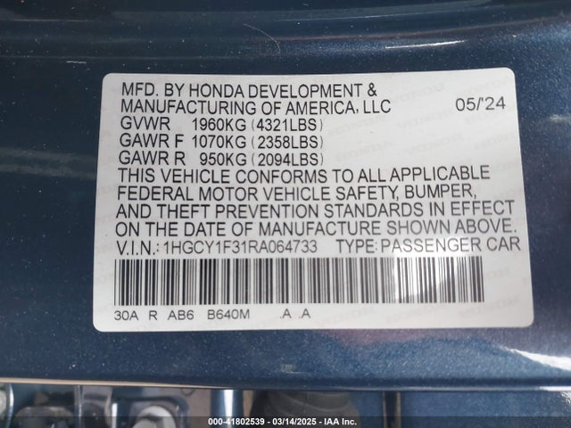 1HGCY1F31RA064733 Honda ACCORD EX