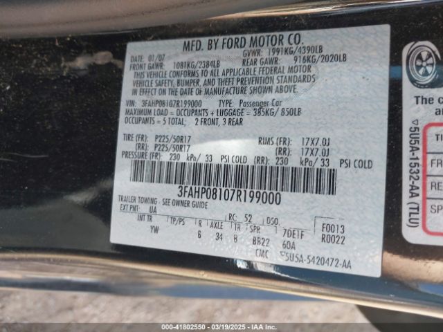 2007 FORD FUSION 3FAHP08107R199000 Photo 8
