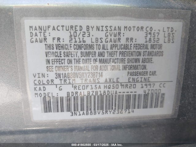 3N1AB8BV5RY238714 Nissan Sentra S Xtronic Cvt