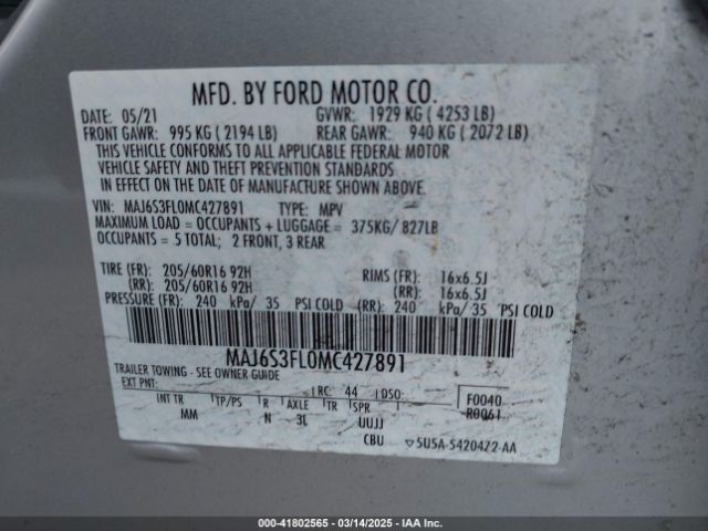 MAJ6S3FL0MC427891 Ford ECOSPORT S