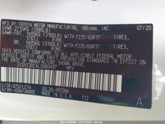 5TDYZ3DC4LS080497 Toyota SIENNA XLE