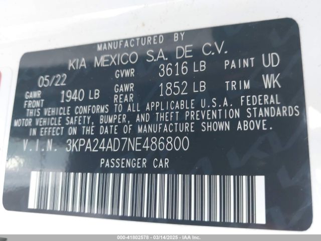 3KPA24AD7NE486800 KIA RIO LX