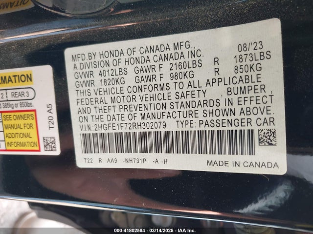 Honda CIVIC EX 2024 2HGFE1F72RH302079 Image 9