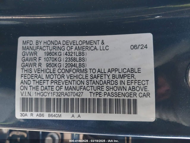 1HGCY1F32RA070427 Honda ACCORD EX
