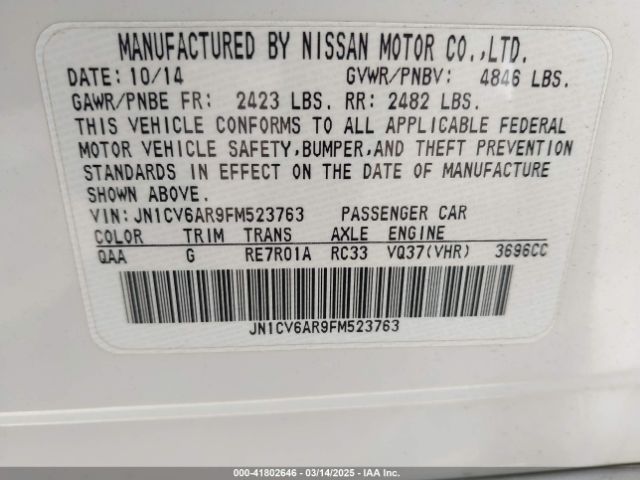 JN1CV6AR9FM523763 Infiniti Q40