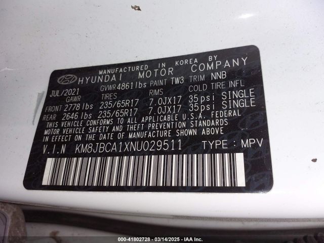 KM8JBCA1XNU029511 Hyundai Tucson Hybrid Blue