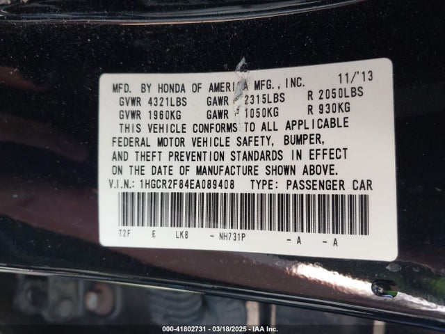 1HGCR2F84EA089408 Honda Accord Ex-l