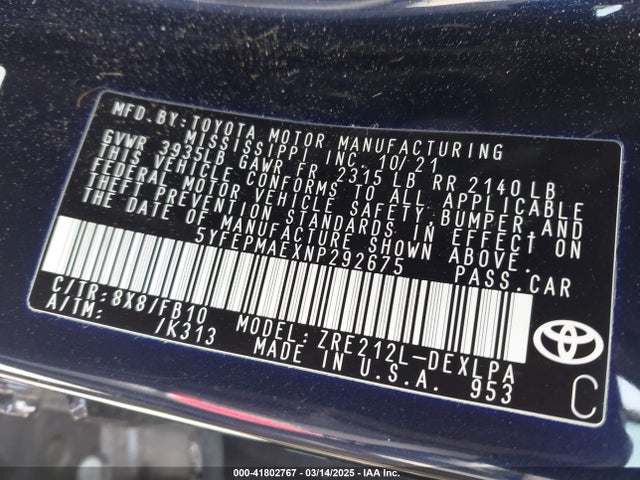 Toyota COROLLA LE 2022 5YFEPMAEXNP292675 Image 9