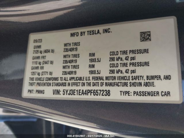 5YJ3E1EA4PF657238 Tesla Model 3 Rear-wheel Drive