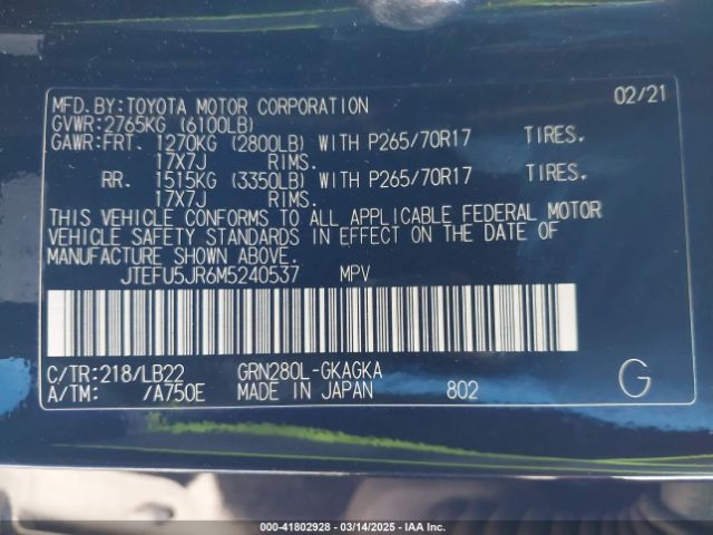 JTEFU5JR6M5240537 Toyota 4runner Sr5 Premium