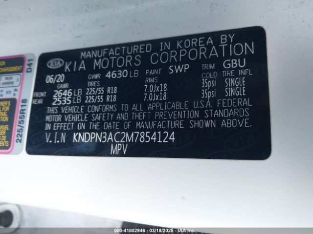 KNDPN3AC2M7854124 KIA Sportage Ex