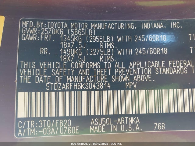5TDZARFH6KS043814 Toyota Highlander Le