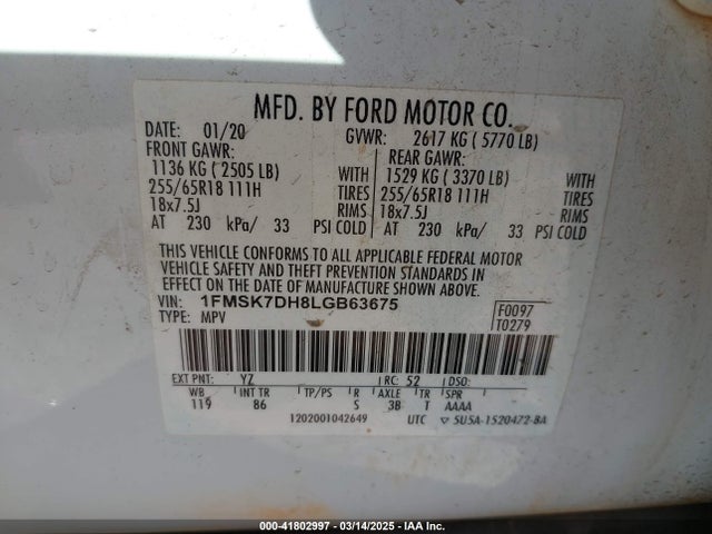 1FMSK7DH8LGB63675 Ford EXPLORER XLT