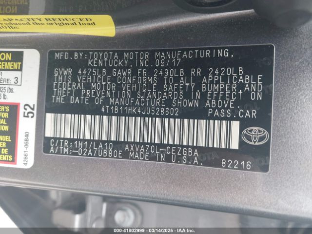 4T1B11HK4JU528602 Toyota CAMRY XLE