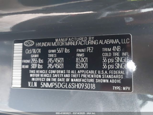 5NMP5DGL6SH093018 Hyundai Santa Fe Calligraphy