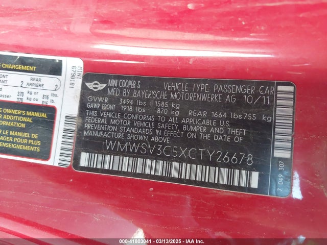 2012 MINI COOPER S WMWSV3C5XCTY26678 Photo 8