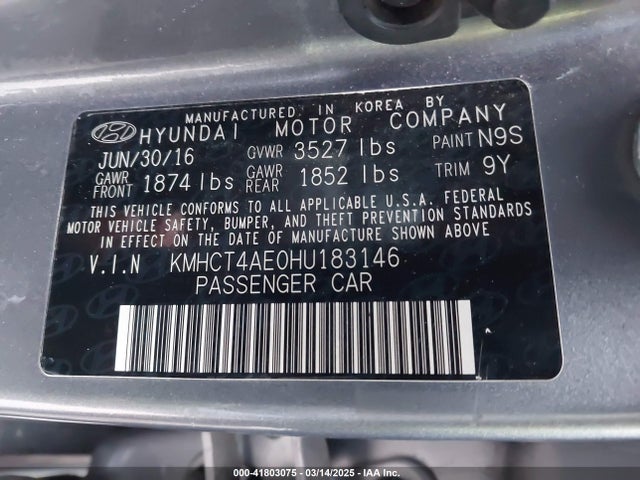 KMHCT4AE0HU183146 Hyundai ACCENT SE