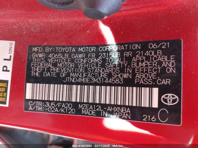 JTND4MBE3M3144583 Toyota COROLLA SE