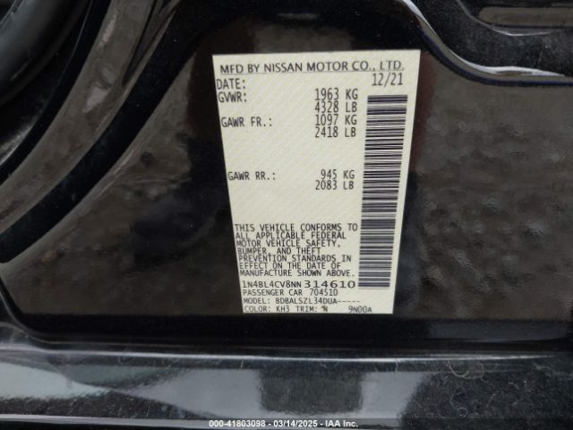 1N4BL4CV8NN314610 Nissan Altima Sr Fwd