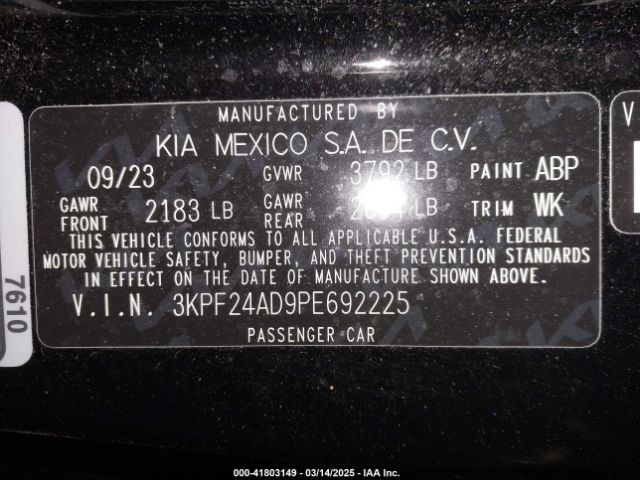 3KPF24AD9PE692225 KIA Forte Lxs