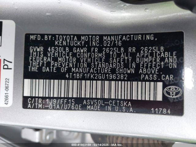 4T1BF1FK2GU196382 Toyota CAMRY SE