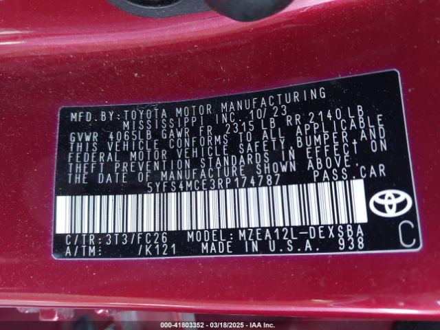 5YFS4MCE3RP174787 Toyota COROLLA SE
