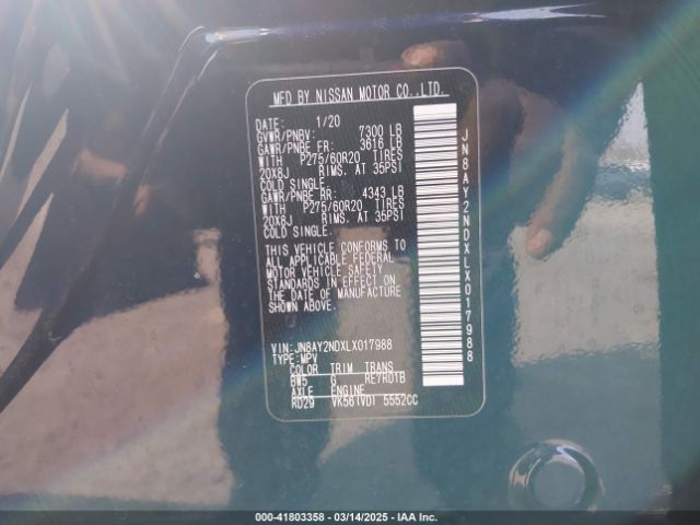 JN8AY2NDXLX017988 Nissan Armada Sl 2wd