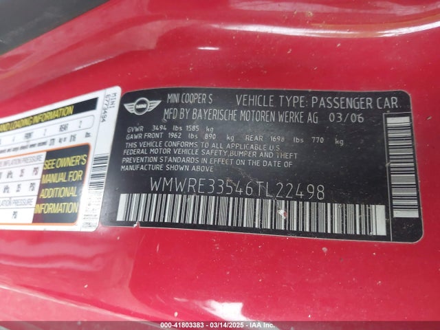 2006 MINI COOPER S WMWRE33546TL22498 Photo 8