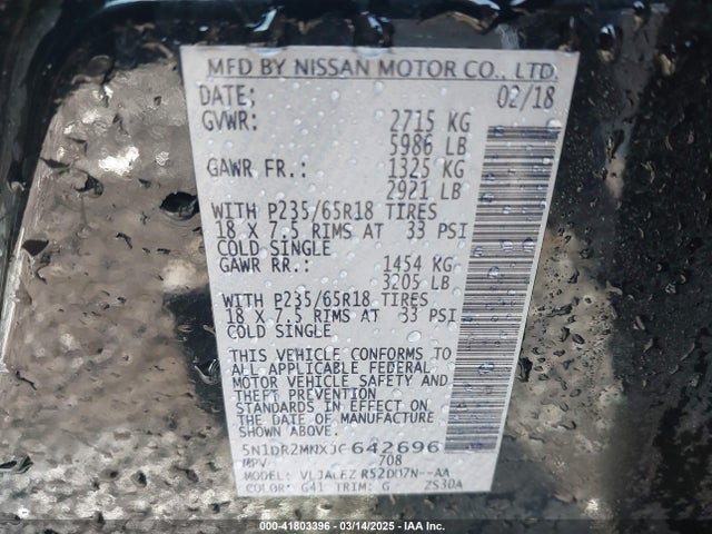 5N1DR2MNXJC642696 Nissan Pathfinder Sv